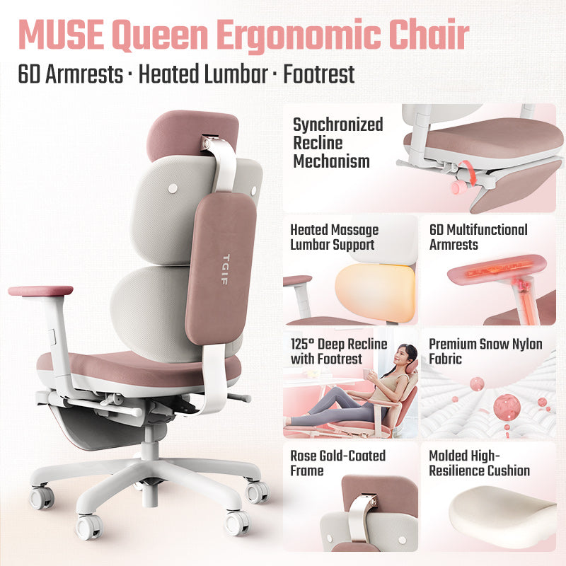 MUSE Queen Ergonomic Chair – Reign in Comfort - 6D Armrests · Heated Lumbar · Footrest